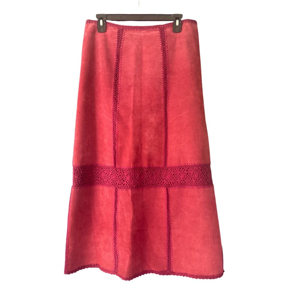 Vintage midi Margaret Godfrey Maroon Suede Crochet Trim Skirt sz 10 western
